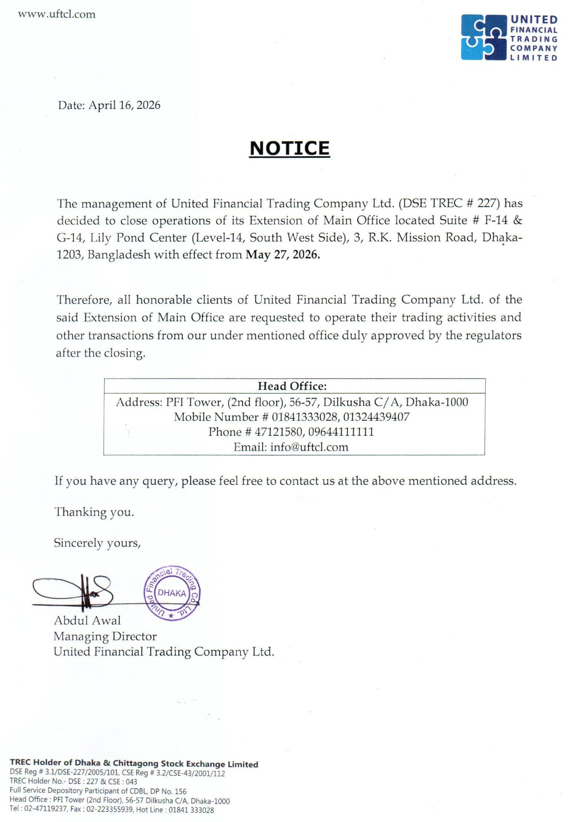 Closing Notice of all activities for Extension of Main Office Lily Pond Center